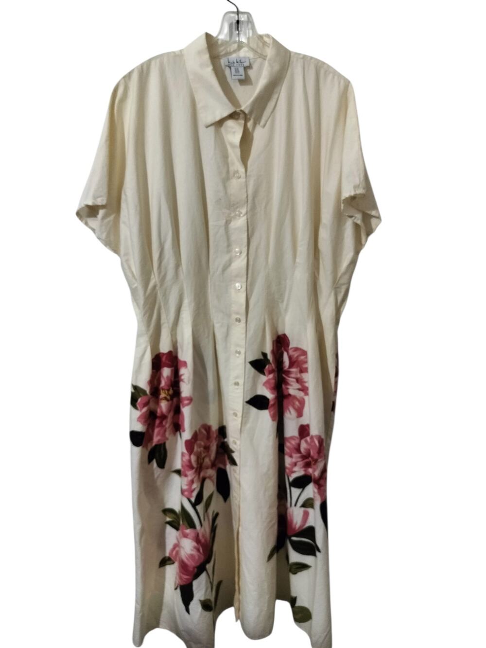 6005(Nicole Miller Plus 1X Cream Floral Button Down Pintuck Waist Shirt Dress